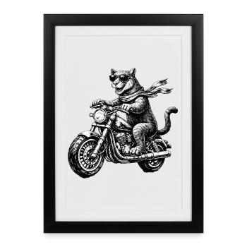 Un grand chat à moto - Affiche encadrée (27 × 37 cm) - noir - Devant