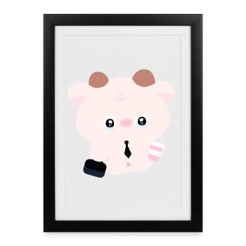 Vache Kawaii en cravate avec café - Affiche encadrée (27 × 37 cm) - noir - Devant