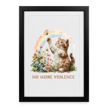 « Plus de violence » Rainbow Kitten & Butterfly - Affiche encadrée (27 × 37 cm) - noir - Devant