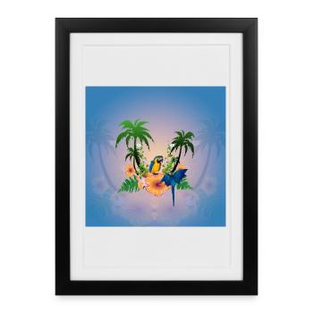 Design tropical avec des palmiers et des perroquets. - Affiche encadrée (27 × 37 cm) - noir - Devant