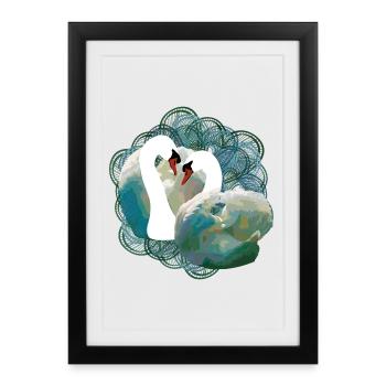 Élégante paire de cygnes aux motifs de rivière - Affiche encadrée (27 × 37 cm) - noir - Devant