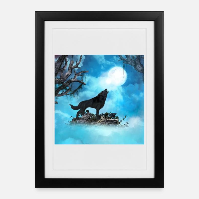 Toller Wolf in der Nacht - Gerahmtes Poster (27 × 37 cm) - Schwarz
