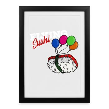 Running Sushi Flying Saying Japan Food Drôle - Affiche encadrée (27 × 37 cm) - noir - Devant