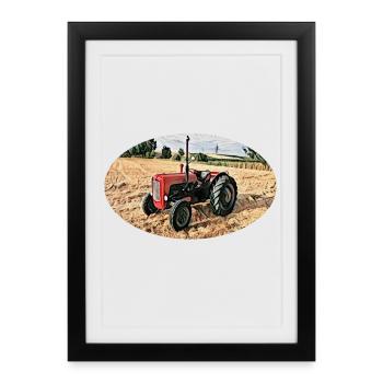 Tracteur vintage rouge dans le champ - Affiche encadrée (27 × 37 cm) - noir - Devant