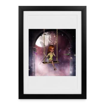 Petite fée sur une balançoire avec libellule - Affiche encadrée (27 × 37 cm) - noir - Devant