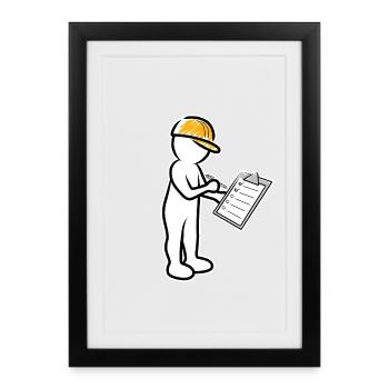 Male with helmet and checklist at construction site - Framed poster (27 × 37 cm) - black - Front