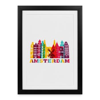 Amsterdam City Skyline Pays-Bas Landmark - Affiche encadrée (27 × 37 cm) - noir - Devant