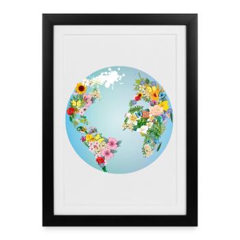 globe bleu clair avec des continents en fleurs - Affiche encadrée (27 × 37 cm) - noir - Devant