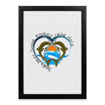 Dauphin Mer Soleil Liberté Amour Coeur - Affiche encadrée (27 × 37 cm) - noir - Devant