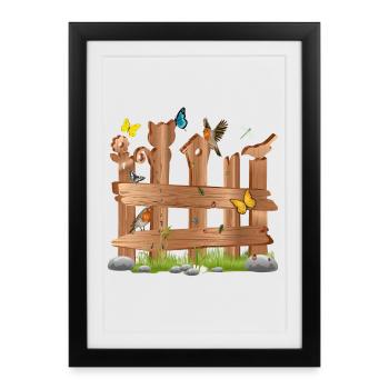 belle décoration lattes en bois clôture avec des figurines & formes - Affiche encadrée (27 × 37 cm) - noir - Devant