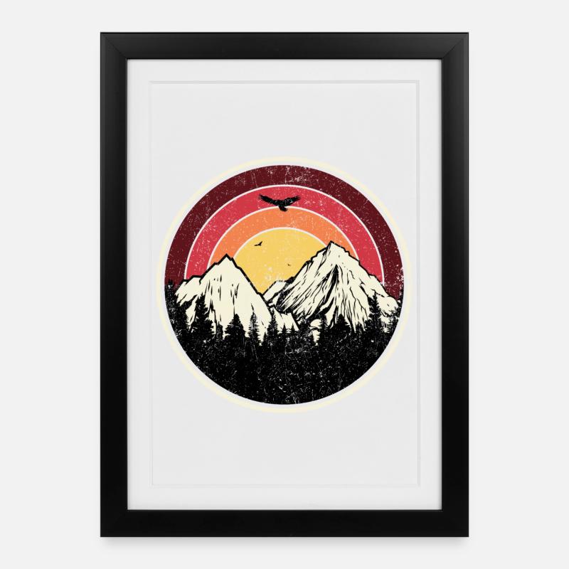 Sunset Peaks Mountain Round Illustration - Framed poster (27 × 37 cm) - black