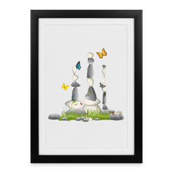 trois tours de pierre dans une prairie avec des insectes - Affiche encadrée (27 × 37 cm) - noir - Devant