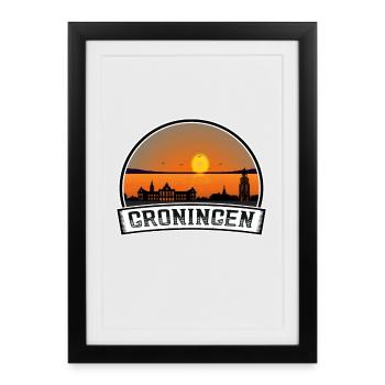 Groningue Pays-Bas Skyline Vintage Sunset Trave - Affiche encadrée (27 × 37 cm) - noir - Devant