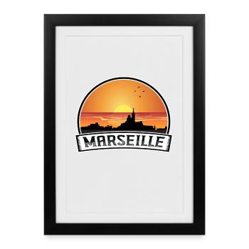 Marseille France Skyline Vintage Sunset Travel Sou - Affiche encadrée (27 × 37 cm) - noir - Devant