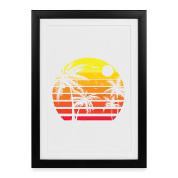 80s Summer Beach Palm Tree Sunset - Affiche encadrée (27 × 37 cm) - noir - Devant