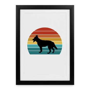 Berger Blanc Suisse Dog Silhouette Vintage Coucher de soleil - Affiche encadrée (27 × 37 cm) - noir - Devant