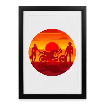 Couple et moto au coucher du soleil - Affiche encadrée (27 × 37 cm) - noir - Devant