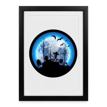 Cimetière de la Lune Pierre tombale Chauves-souris Sorcière Halloween - Affiche encadrée (27 × 37 cm) - noir - Devant