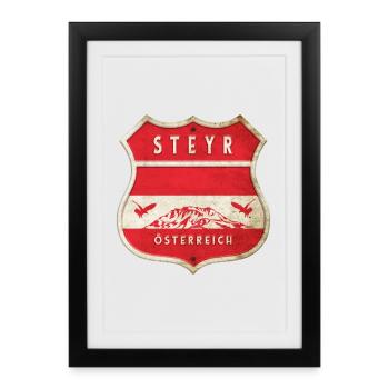 Steyr Autriche Armoiries Drapeaux Design - Affiche encadrée (27 × 37 cm) - noir - Devant