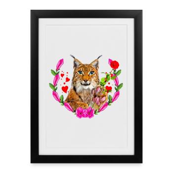 Chat lynx avec rose pour l’amour - Affiche encadrée (27 × 37 cm) - noir - Devant