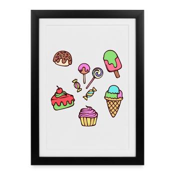 Bonbons Dessert Crème glacée Cupcake Gâteau Bonbons - Affiche encadrée (27 × 37 cm) - noir - Devant
