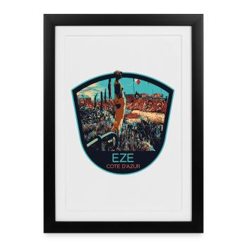 Illustration originale village d'Èze, Côte d'Azur - Affiche encadrée (27 × 37 cm) - noir - Devant