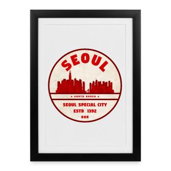 Emblème vintage de la Skyline de Séoul - Affiche encadrée (27 × 37 cm) - noir - Devant