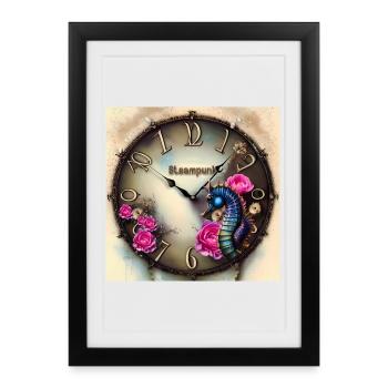 Steampunk watch with flowers and seahorse - Framed poster (27 × 37 cm) - black - Front