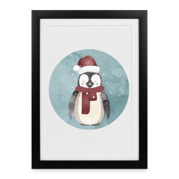pingouin mignon du Père Noël pour Noël - Affiche encadrée (27 × 37 cm) - noir - Devant