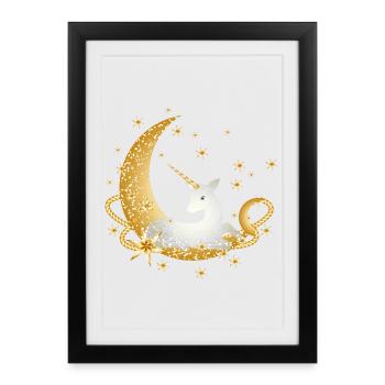 Croissant avec licorne imaginative et étoiles - Affiche encadrée (27 × 37 cm) - noir - Devant