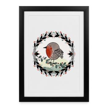Robin Illustration - Affiche encadrée (27 × 37 cm) - noir - Devant