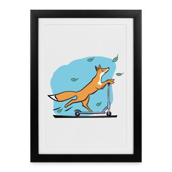 Renard avec scooter - Affiche encadrée (27 × 37 cm) - noir - Devant