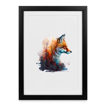 Tête de renard abstraite dépassant d’une forêt - Affiche encadrée (27 × 37 cm) - noir - Devant