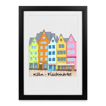 Cologne, marché aux poissons, Stapelhäuschen, Allemagne - Affiche encadrée (27 × 37 cm) - noir - Devant
