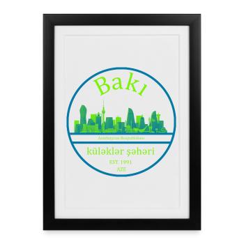 Baku Skyline Circle Design with Neon Green - Framed poster (27 × 37 cm) - black - Front