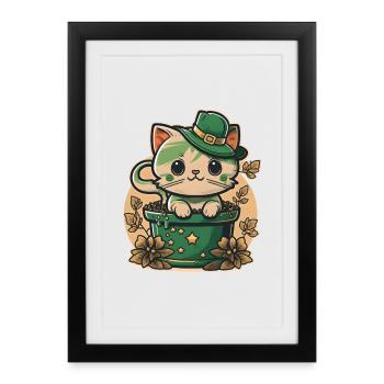 Chat dans le pot de fleurs Fête de la Saint-Patrick - Affiche encadrée (27 × 37 cm) - noir - Devant