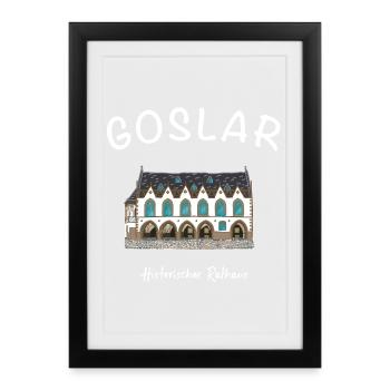Goslar, hôtel de ville historique emblématique, - Affiche encadrée (27 × 37 cm) - noir - Devant
