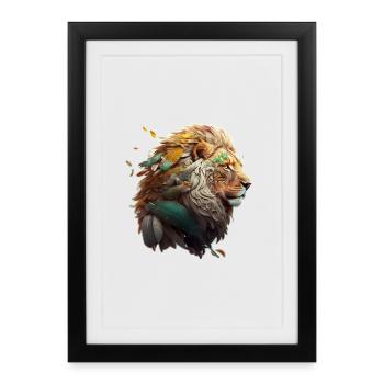 Beau lion, plumes dans la crinière du lion - Affiche encadrée (27 × 37 cm) - noir - Devant