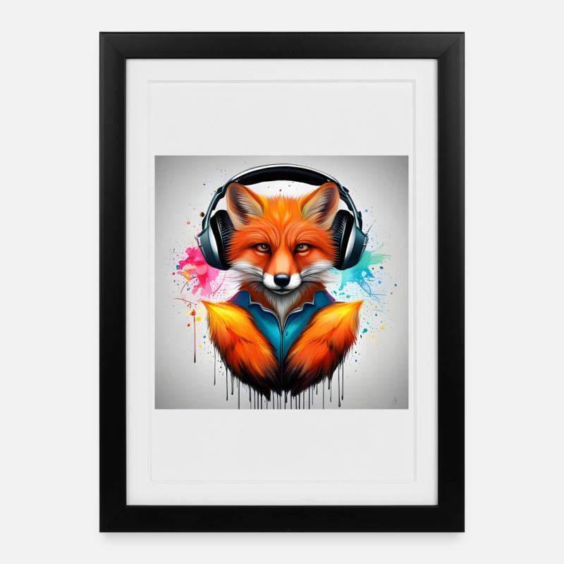 Fuchs mit Kopfhörer Hoodie Kunst - Gerahmtes Poster (27 × 37 cm) - Schwarz