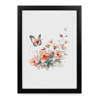 Flowers + butterfly - minimally abstract - Framed poster (27 × 37 cm) - black - Front