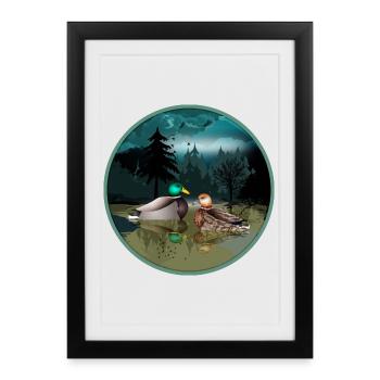 Couple de canards dans l’étang aux canards la nuit et au clair de lune - Affiche encadrée (27 × 37 cm) - noir - Devant