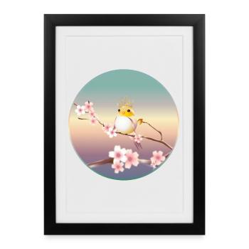 Canaries avec couronne sur branche de cerisier en fleur - Affiche encadrée (27 × 37 cm) - noir - Devant