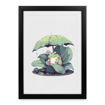Frog under umbrella among the leaves - Framed poster (27 × 37 cm) - black - Front