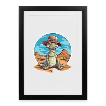 Dinosaure créatif avec chapeau dans le désert - Affiche encadrée (27 × 37 cm) - noir - Devant