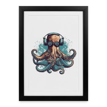 Cool nerdy octopus with glasses and headphones - Framed poster (27 × 37 cm) - black - Front