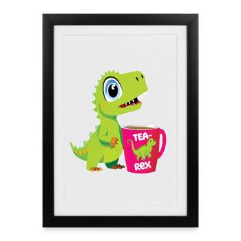 Tearex lustiger T-Rex mit Kaffetasse - Gerahmtes Poster (27 × 37 cm) - Schwarz - Vorne