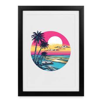 Coucher de soleil rétro sur la plage - Affiche encadrée (27 × 37 cm) - noir - Devant