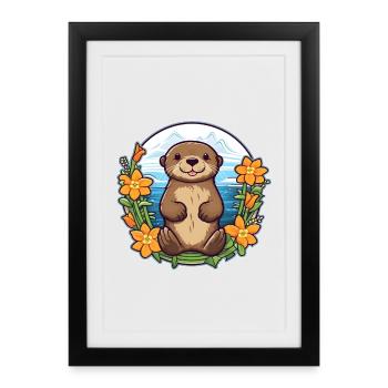 Cute otter design | Summer vibes | flowers - Framed poster (27 × 37 cm) - black - Front