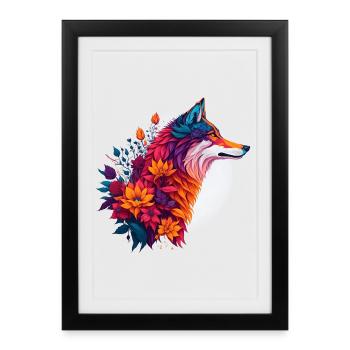 Loup au bouquet de fleurs - Affiche encadrée (27 × 37 cm) - noir - Devant