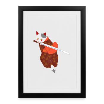 chat en kimono épée mordante - Affiche encadrée (27 × 37 cm) - noir - Devant